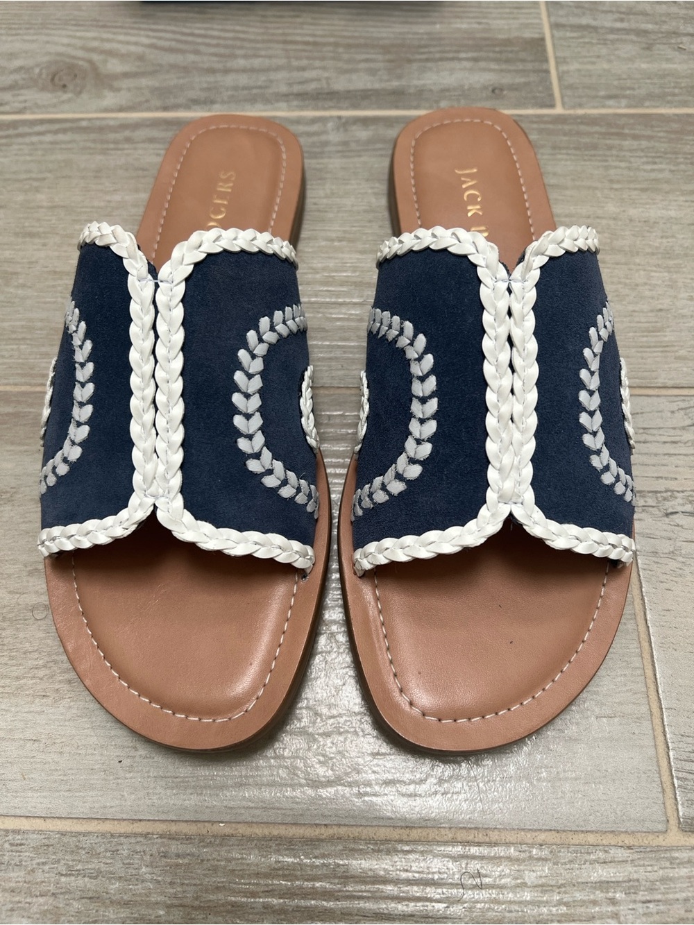 Jack Rogers Navy Suede Slide Sandals with White Braid
